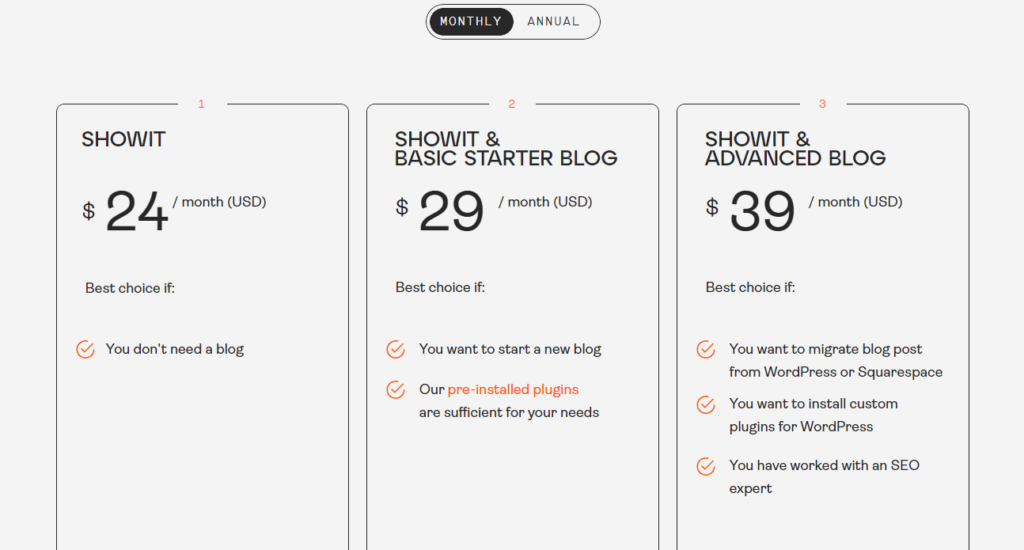 image of showit pricing plans