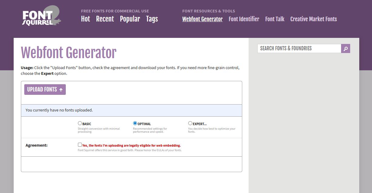 screenshot of FontSquirrel font converter