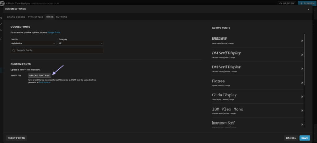 screenshot of fonts tab in design settings in the Showit dashboard