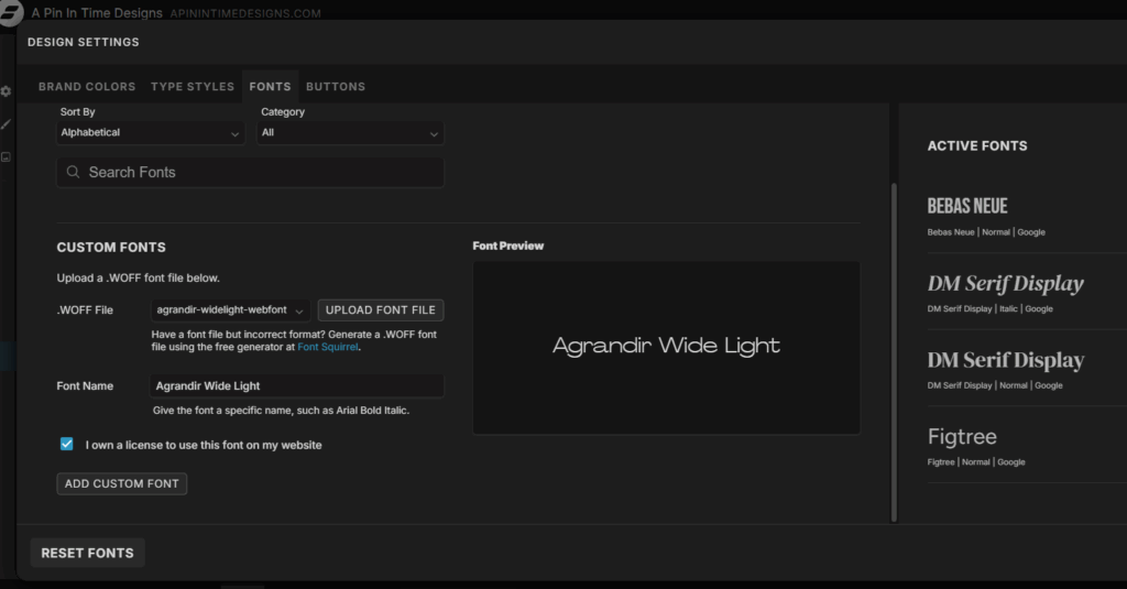 screenshot of the steps on how to add a custom font to Showit website