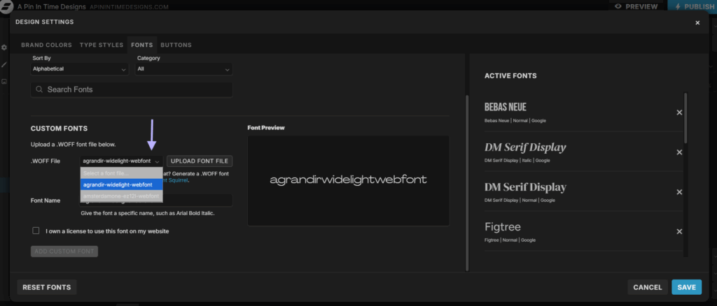 screenshot of the steps on how to add a custom font to your Showit website