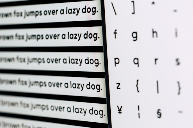 Image of text and alphabets in a particular font on a screen that's viewed at a closeup