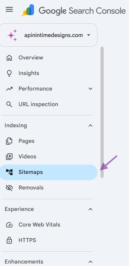 screenshot of search console menu